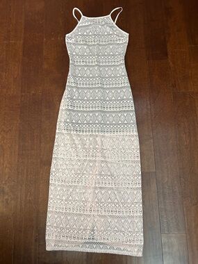 Y2K Brand Poetry Clothing Pink Crochet Lace Bodycon Low Back Maxi Dress, Size Sm